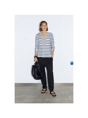 Zara Nautical Striped Linen Shirt V-Neck Long Sleeves Front Pockets